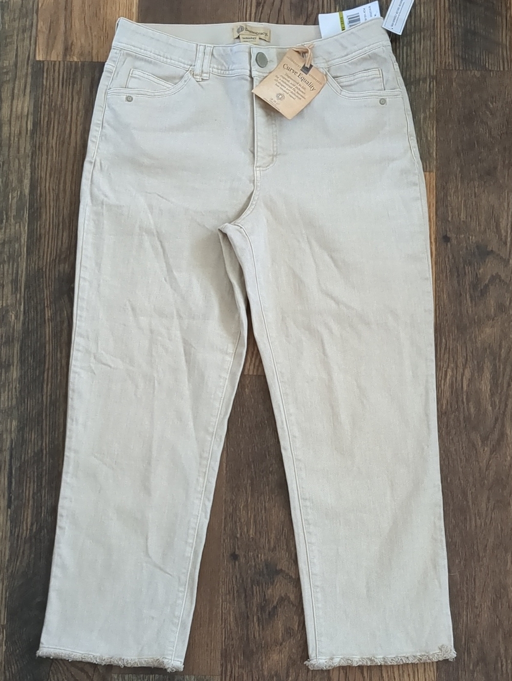 Democracy Cream Khaki Tan Women's High Rise Slim Straight Frayed Jeans, 14, NEW